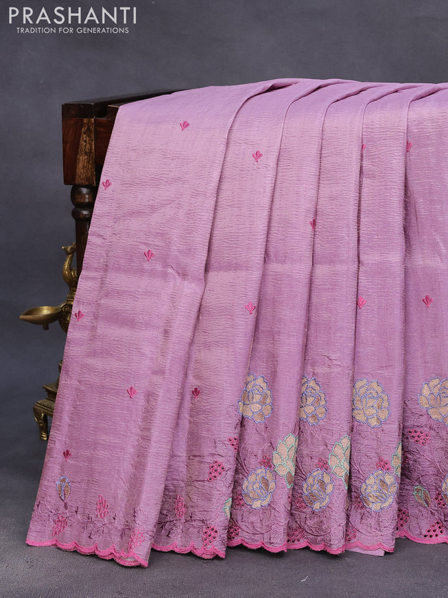 Crush tissue saree mauve pink with embroidery work buttas and floral embroidery cut work border