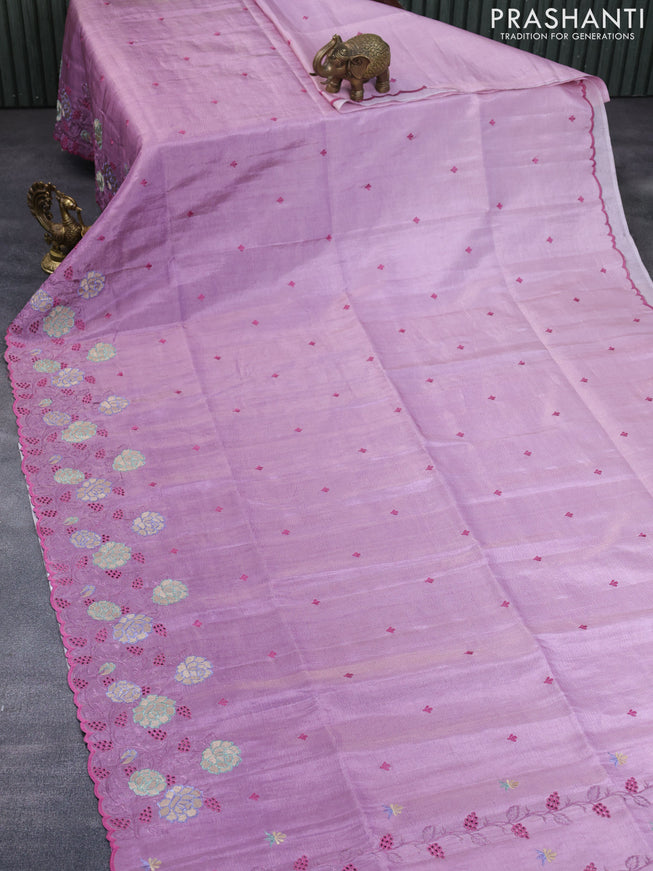 Crush tissue saree mauve pink with embroidery work buttas and floral embroidery cut work border