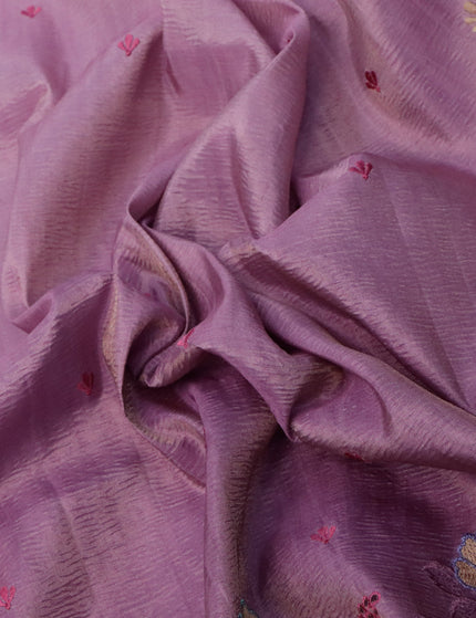 Crush tissue saree mauve pink with embroidery work buttas and floral embroidery cut work border