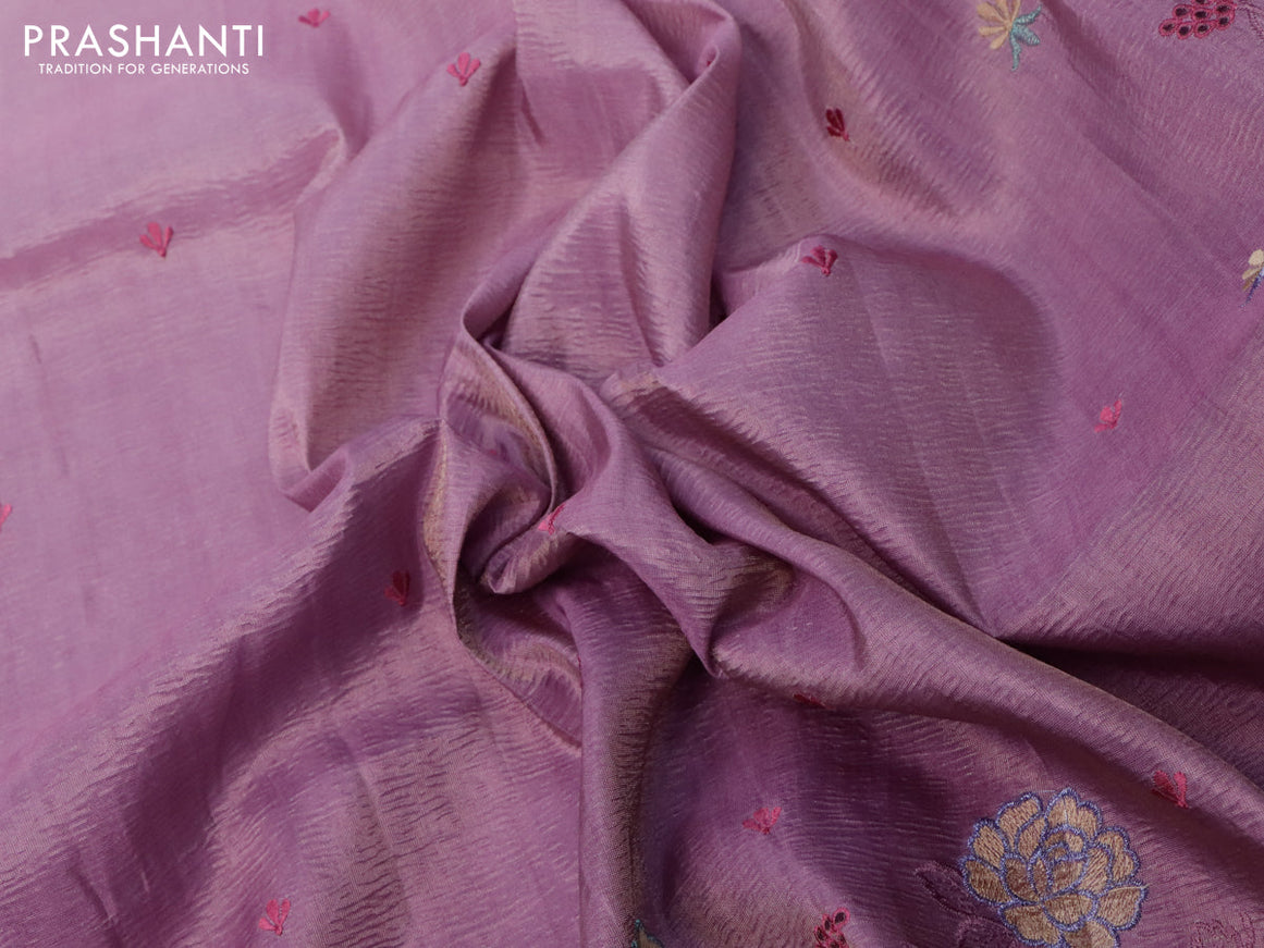 Crush tissue saree mauve pink with embroidery work buttas and floral embroidery cut work border