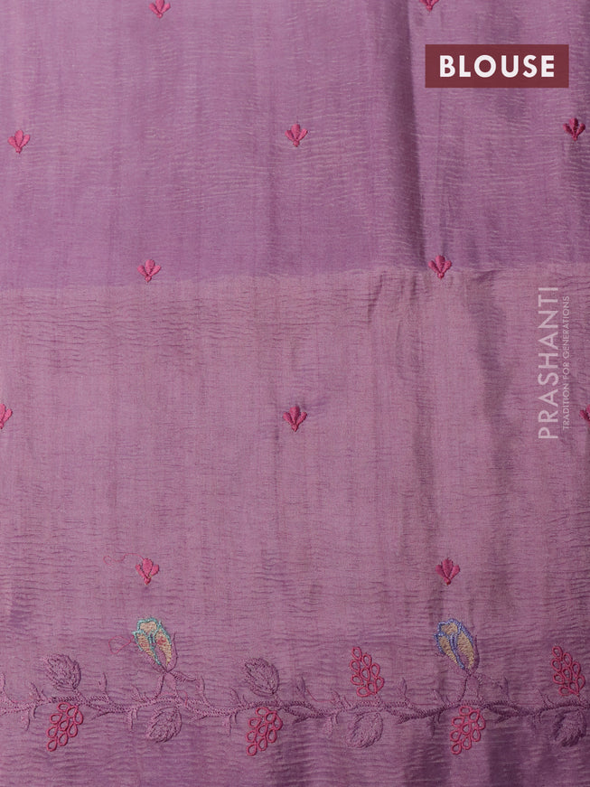 Crush tissue saree mauve pink with embroidery work buttas and floral embroidery cut work border