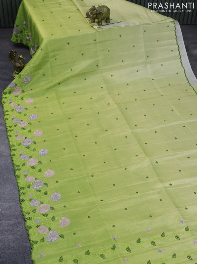 Crush tissue saree pista green and light green with embroidery work buttas and floral embroidery cut work border