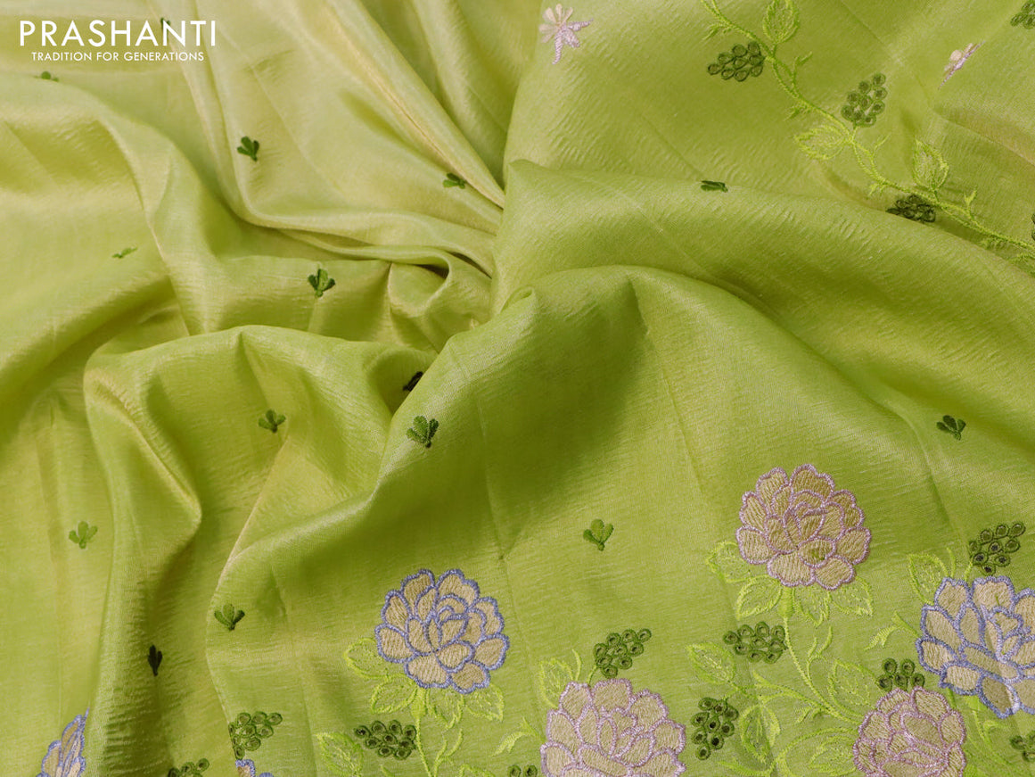 Crush tissue saree pista green and light green with embroidery work buttas and floral embroidery cut work border