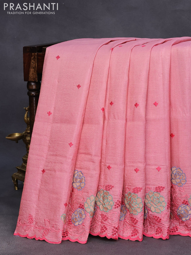 Crush tissue saree peach pink with embroidery work buttas and floral embroidery cut work border