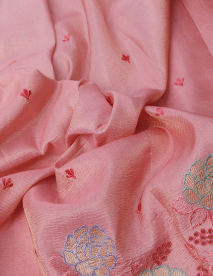 Crush tissue saree peach pink with embroidery work buttas and floral embroidery cut work border