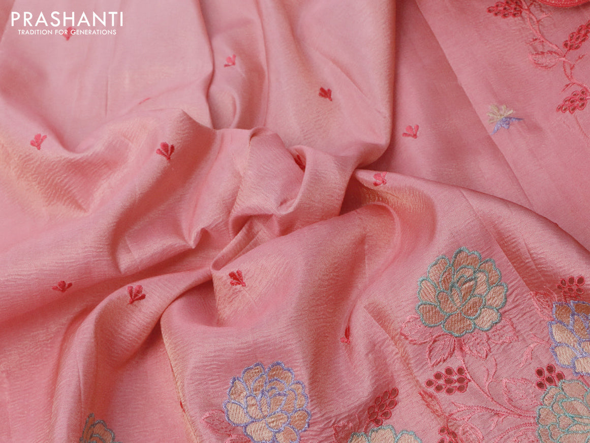 Crush tissue saree peach pink with embroidery work buttas and floral embroidery cut work border