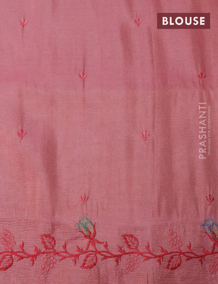 Crush tissue saree peach pink with embroidery work buttas and floral embroidery cut work border