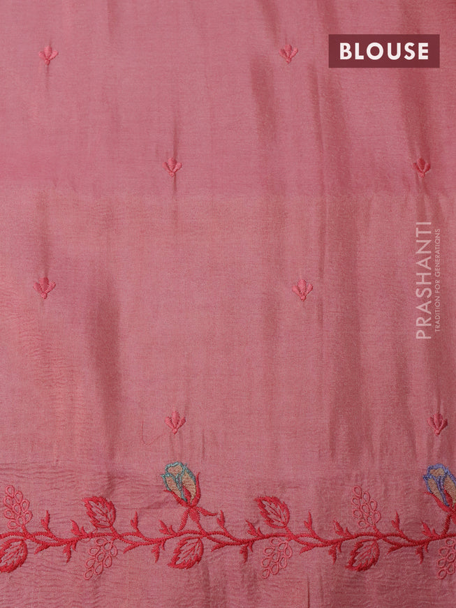 Crush tissue saree peach pink with embroidery work buttas and floral embroidery cut work border