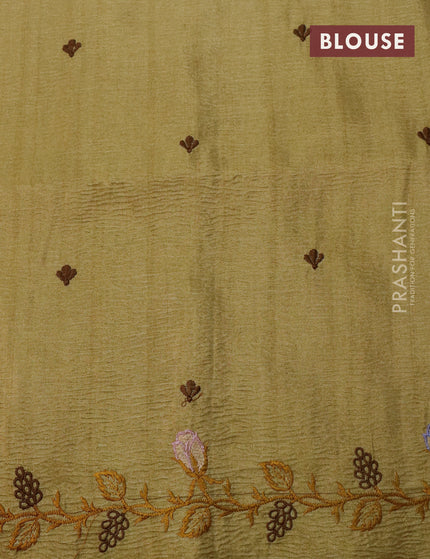 Crush tissue saree beige and elaichi green with embroidery work buttas and floral embroidery cut work border