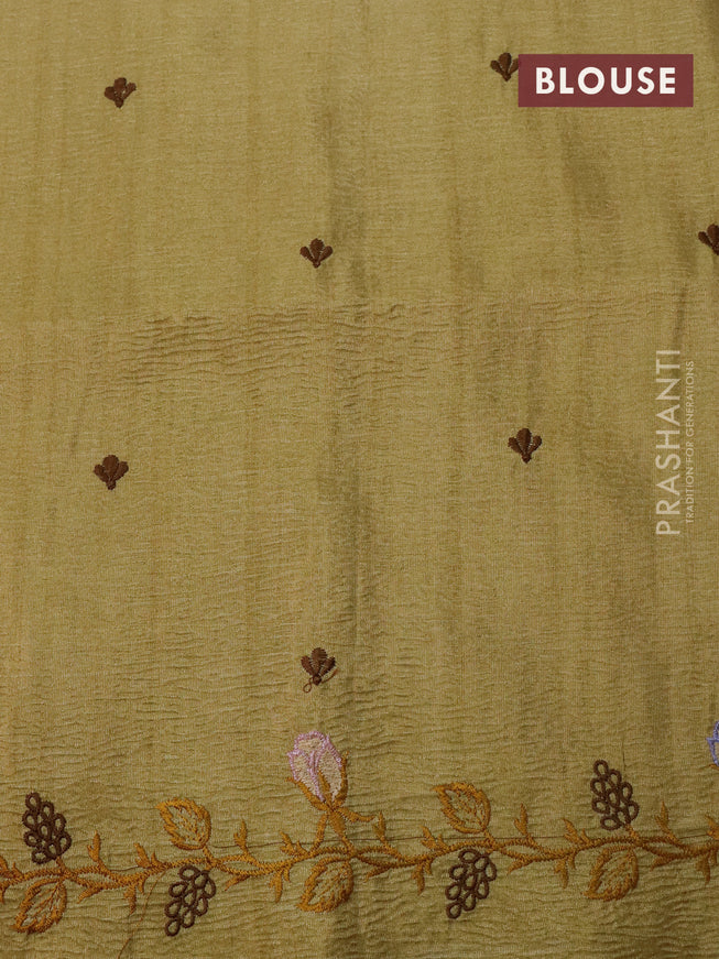 Crush tissue saree beige and elaichi green with embroidery work buttas and floral embroidery cut work border