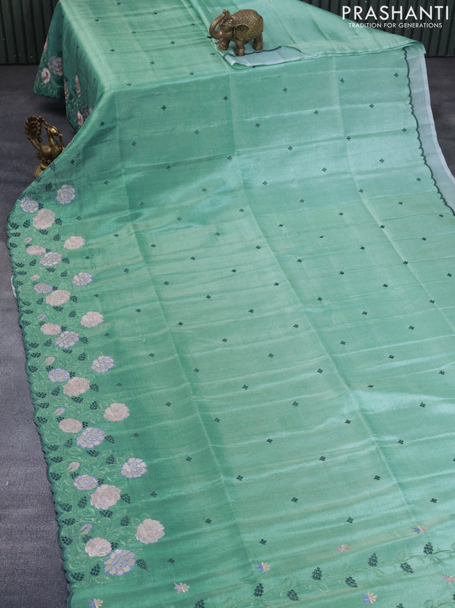 Crush tissue saree teal green with embroidery work buttas and floral embroidery cut work border