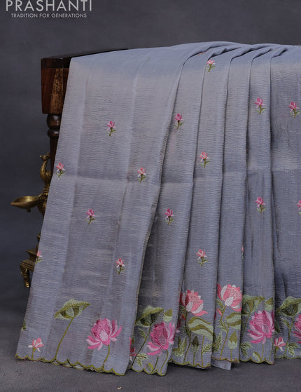 Crush tissue saree grey and dark grey with embroidery work buttas and floral embroidery work border