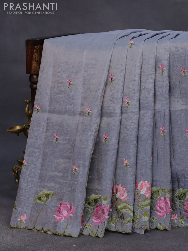 Crush tissue saree grey and dark grey with embroidery work buttas and floral embroidery work border