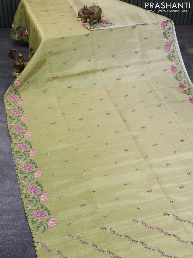 Crush tissue saree pista green with embroidery work buttas and floral embroidery work border