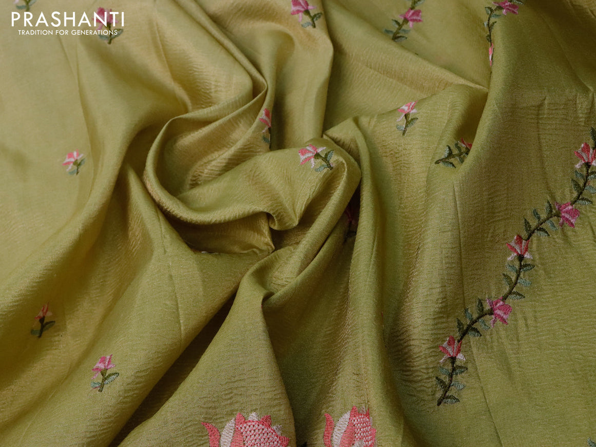 Crush tissue saree pista green with embroidery work buttas and floral embroidery work border