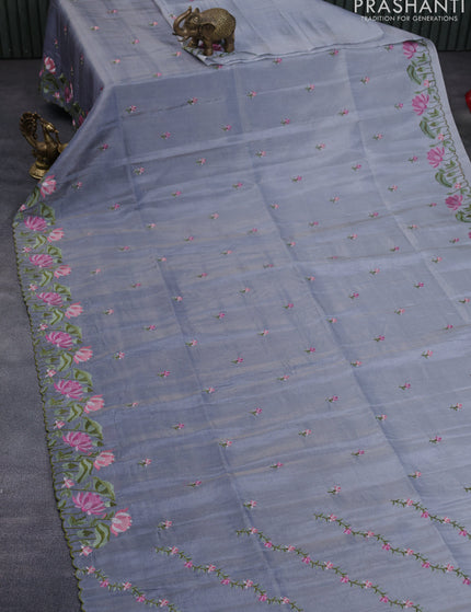 Crush tissue saree grey and dark grey with embroidery work buttas and floral embroidery work border