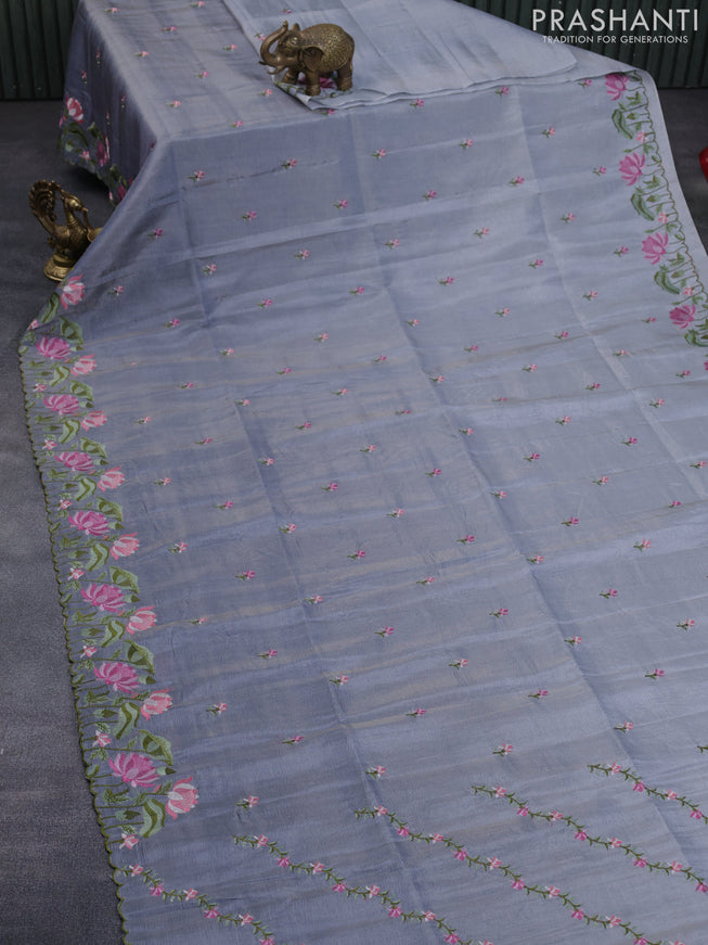 Crush tissue saree grey and dark grey with embroidery work buttas and floral embroidery work border