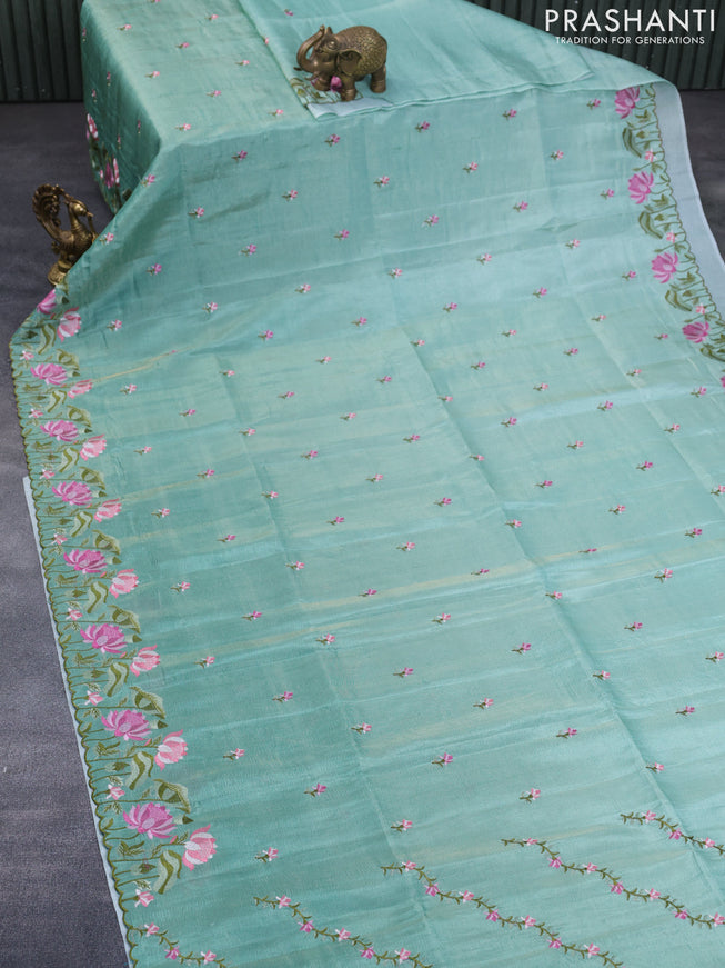 Crush tissue saree teal green with embroidery work buttas and floral embroidery work border