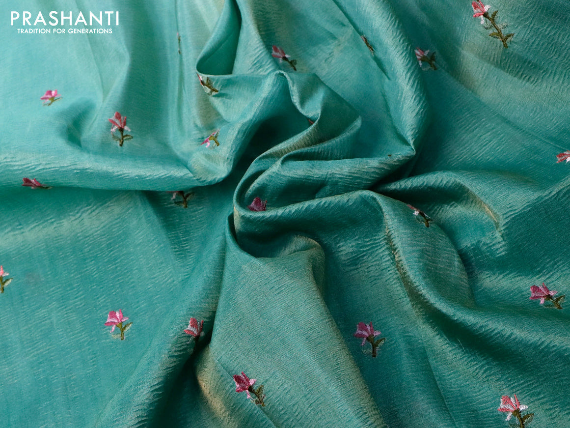 Crush tissue saree teal green with embroidery work buttas and floral embroidery work border