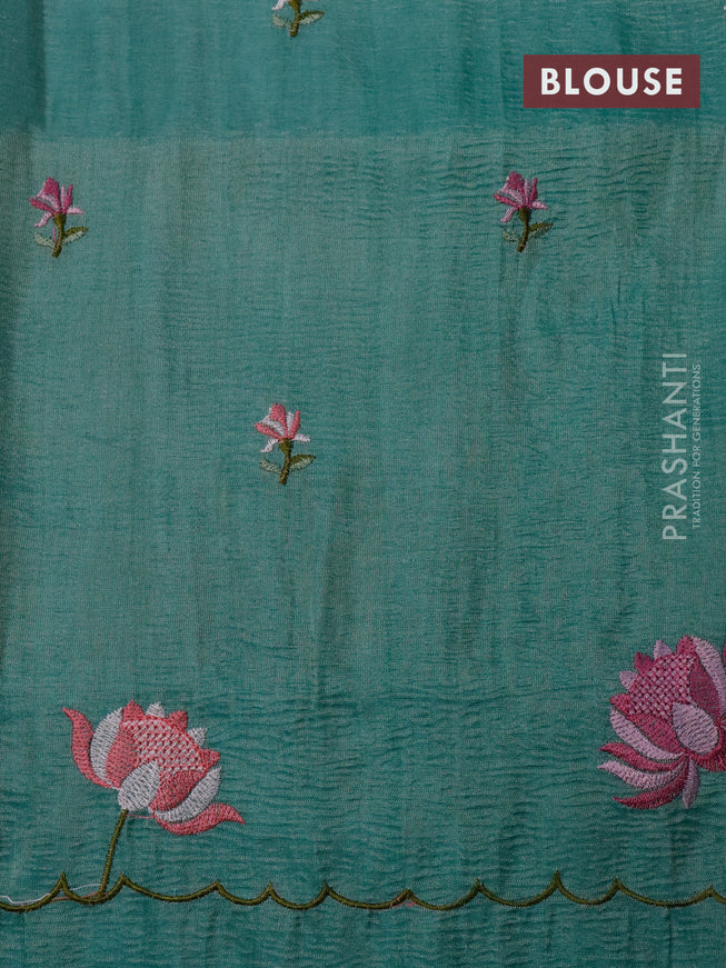 Crush tissue saree teal green with embroidery work buttas and floral embroidery work border