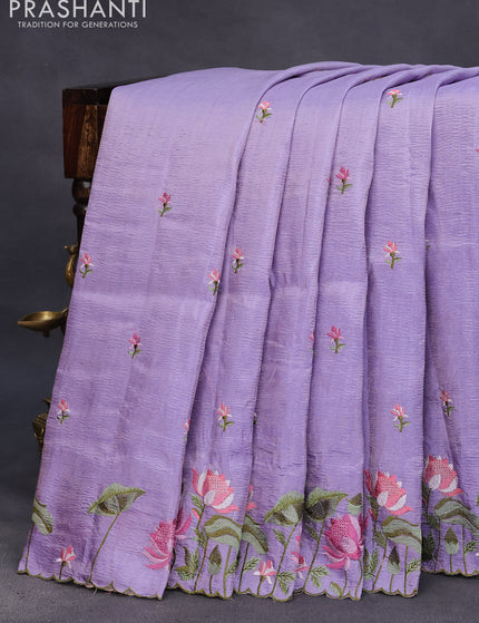 Crush tissue saree lavender with embroidery work buttas and floral embroidery work border