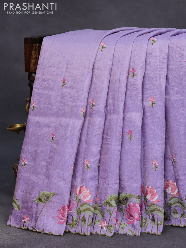 Crush tissue saree lavender with embroidery work buttas and floral embroidery work border