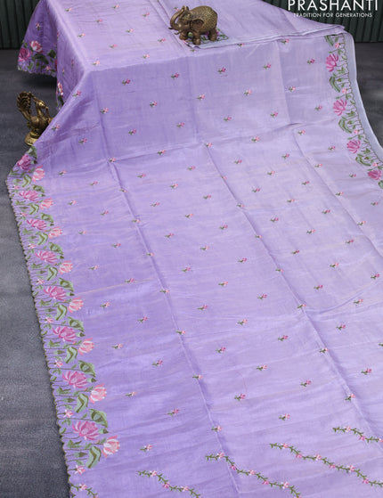 Crush tissue saree lavender with embroidery work buttas and floral embroidery work border