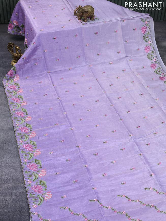 Crush tissue saree lavender with embroidery work buttas and floral embroidery work border