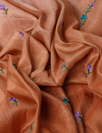 Crush tissue saree rust shade with embroidery work buttas and floral embroidery work border