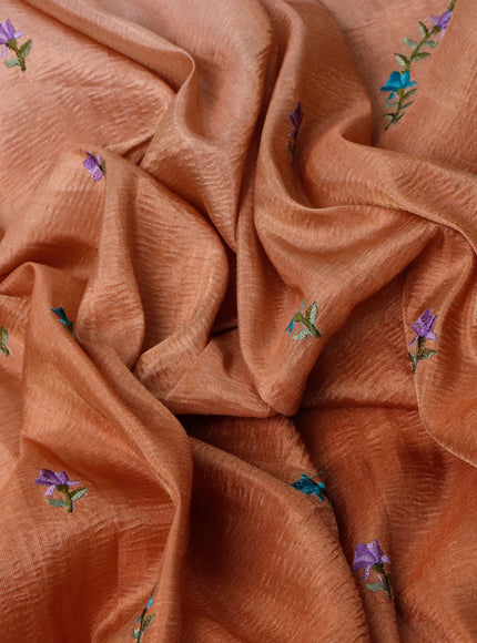 Crush tissue saree rust shade with embroidery work buttas and floral embroidery work border