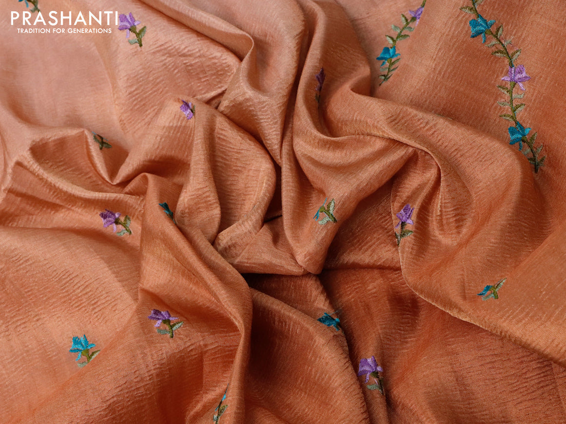 Crush tissue saree rust shade with embroidery work buttas and floral embroidery work border