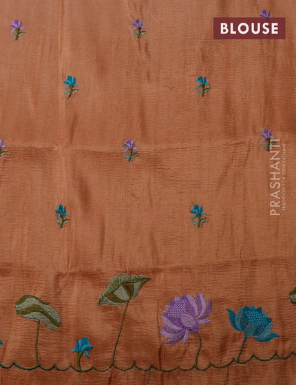 Crush tissue saree rust shade with embroidery work buttas and floral embroidery work border