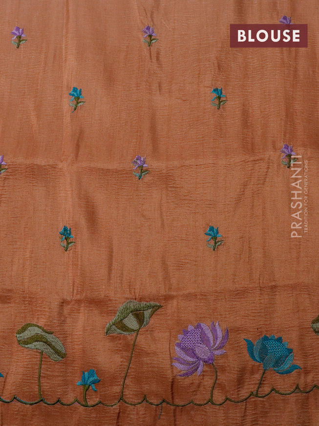 Crush tissue saree rust shade with embroidery work buttas and floral embroidery work border