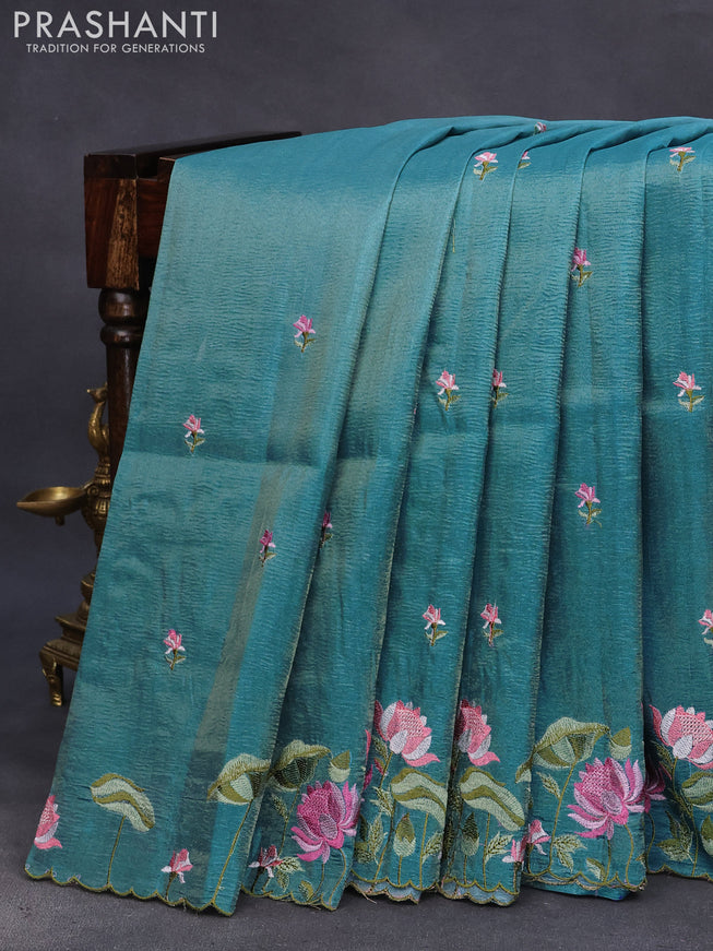 Crush tissue saree teal blue with embroidery work buttas and floral embroidery work border