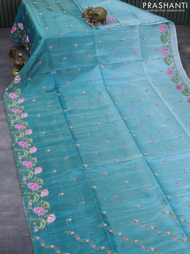 Crush tissue saree teal blue with embroidery work buttas and floral embroidery work border