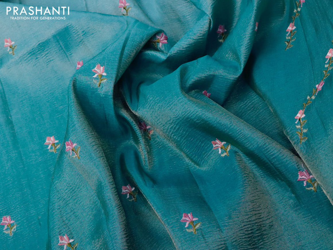 Crush tissue saree teal blue with embroidery work buttas and floral embroidery work border