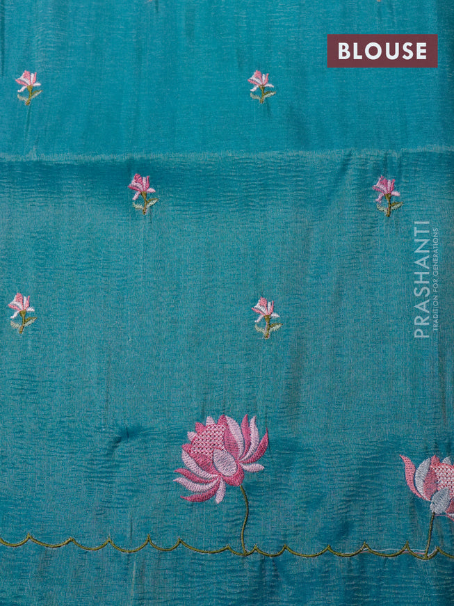 Crush tissue saree teal blue with embroidery work buttas and floral embroidery work border