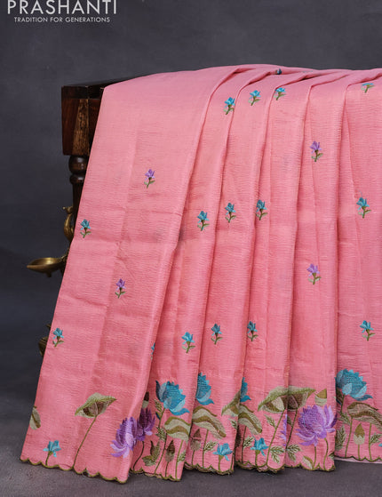 Crush tissue saree peach pink with embroidery work buttas and floral embroidery work border