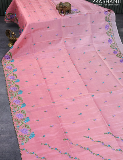 Crush tissue saree peach pink with embroidery work buttas and floral embroidery work border