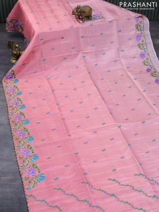 Crush tissue saree peach pink with embroidery work buttas and floral embroidery work border