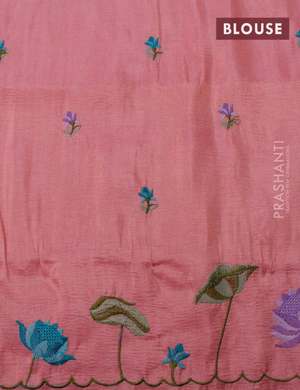 Crush tissue saree peach pink with embroidery work buttas and floral embroidery work border