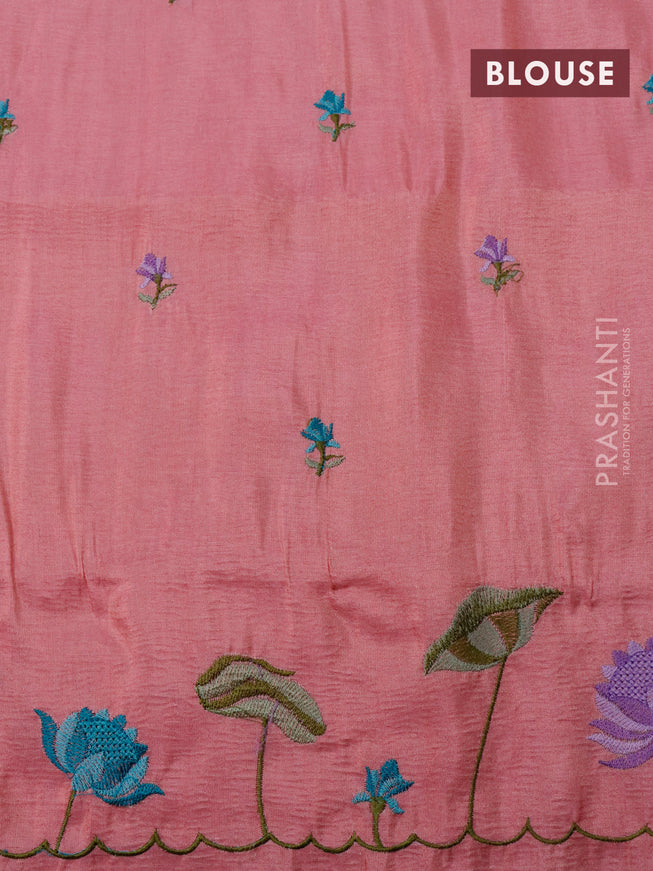 Crush tissue saree peach pink with embroidery work buttas and floral embroidery work border