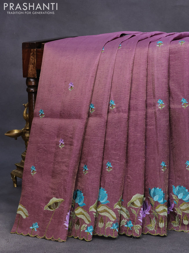 Crush tissue saree mild purple and wine shade with embroidery work buttas and floral embroidery work border