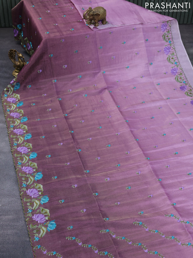 Crush tissue saree mild purple and wine shade with embroidery work buttas and floral embroidery work border