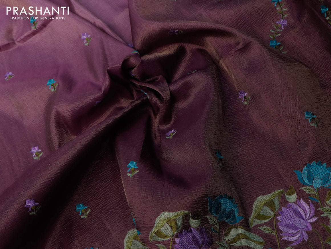 Crush tissue saree mild purple and wine shade with embroidery work buttas and floral embroidery work border