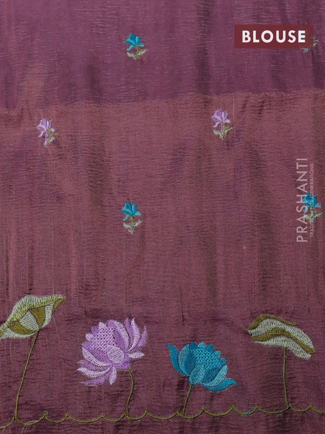 Crush tissue saree mild purple and wine shade with embroidery work buttas and floral embroidery work border