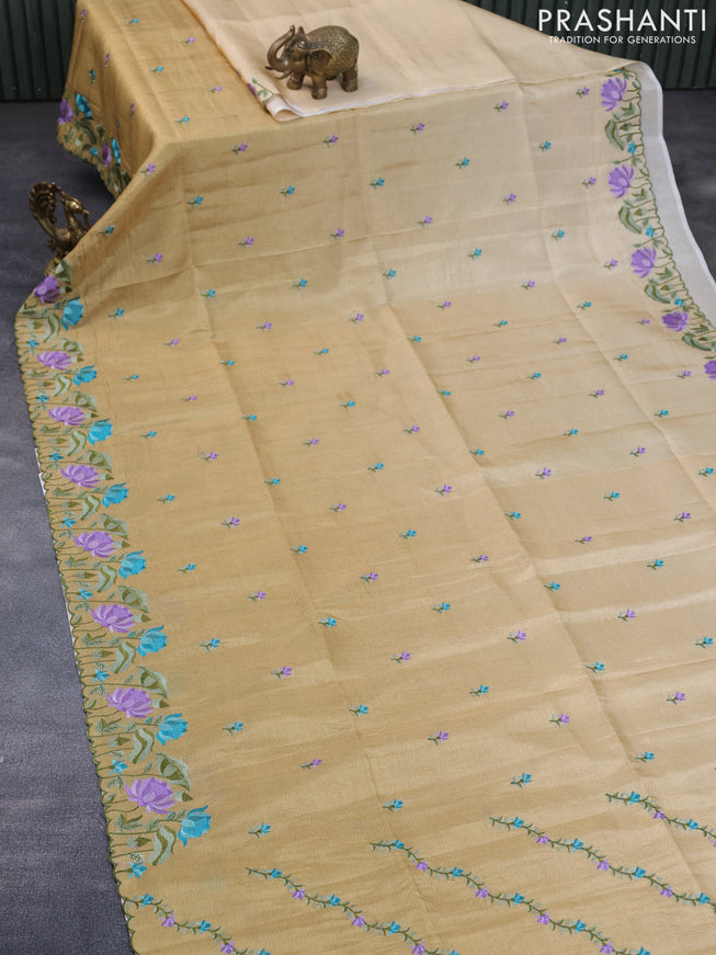 Crush tissue saree beige and elaichi green shade with embroidery work buttas and floral embroidery work border