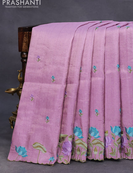 Crush tissue saree mauve pink with embroidery work buttas and floral embroidery work border