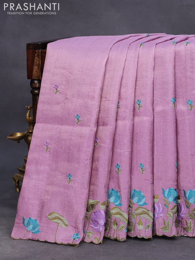 Crush tissue saree mauve pink with embroidery work buttas and floral embroidery work border