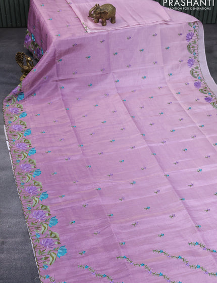 Crush tissue saree mauve pink with embroidery work buttas and floral embroidery work border